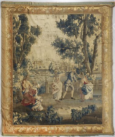 Grande arazzo raffigurante scena nel parco. XIX secolo. cm. 240x225.