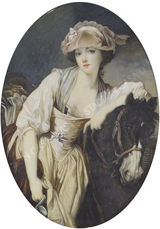 Miniatura dipinta raffigurante gentildonna e cavallo. cm. 14x10.