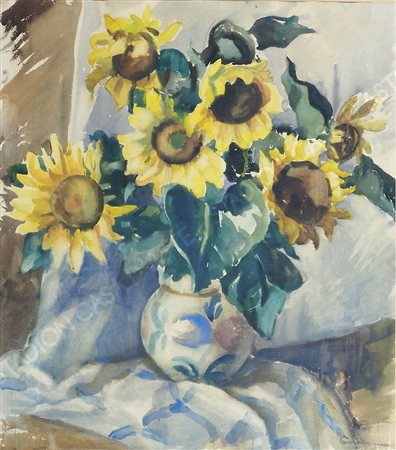 Giovanni Giordani 1884-1964 "Girasoli nel vaso" cm. 76x62 - acquerello su...
