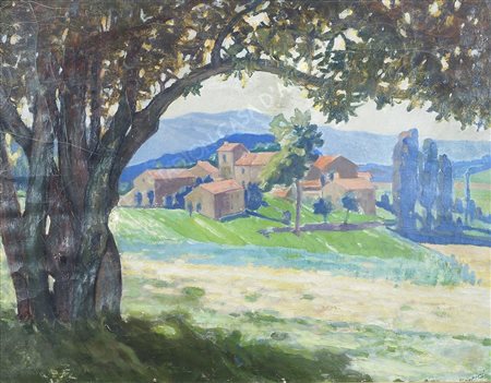 Paganini "Case nel paesaggio" cm. 43x56 - olio su tela su compensato Firmato...