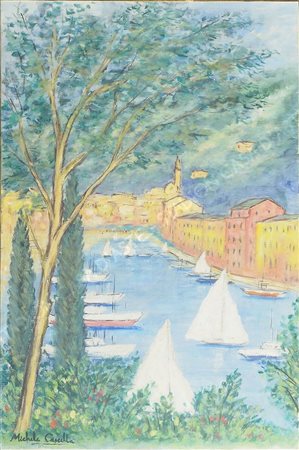 Michele Cascella 1892-1989 "Veduta di Portofino dall'alto" cm. 60x40 - olio...