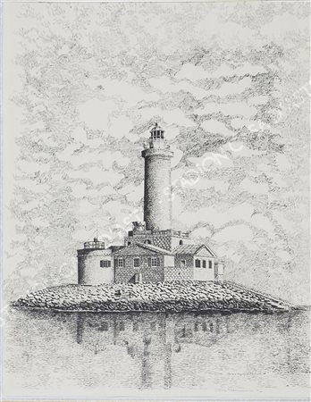 Pittore del '900 "Il faro a Premontura" cm. 43x34 - incisione Firmato b. a d....