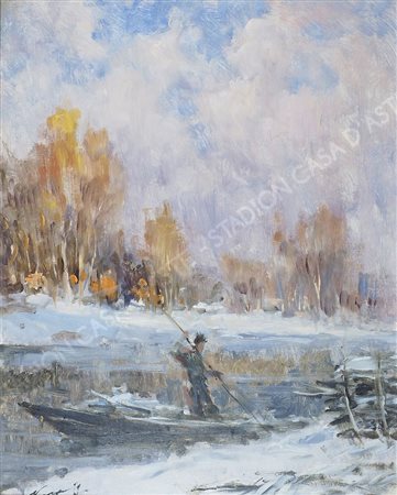 Ivan Karpoff 1898-1970 "In barca sul fiume" cm. 50x40 - olio su cartone...