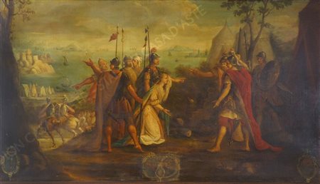 Maestro del XVIII secolo "Scena storica con stemmi nobiliari" cm. 87x155 -...