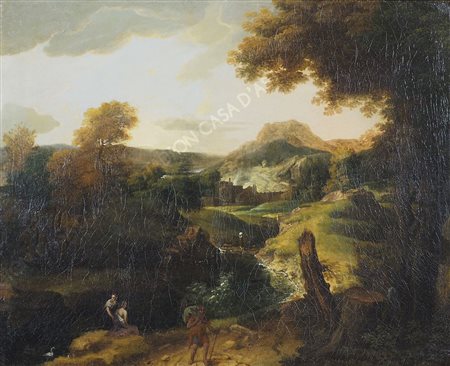 Maestro nordico operante in Italia nel XVII secolo "Paesaggio con figure" cm....