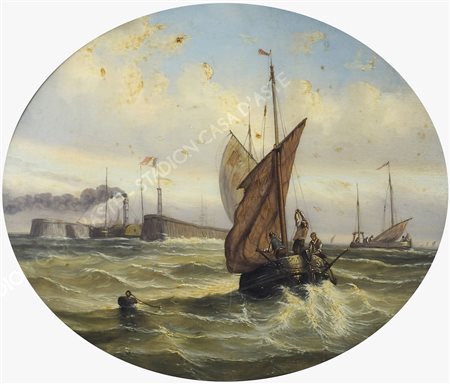 Maestro del XIX secolo "Marina con barche" cm. 46x54 - olio su vetro (formato...