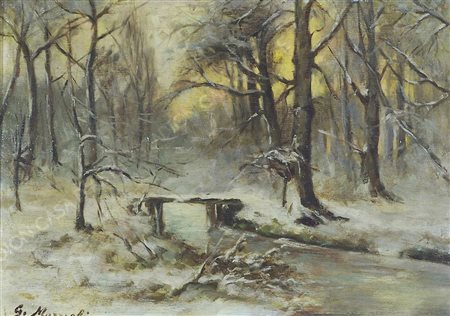 Maestro del XIX secolo 1854-1894 "Paesaggio con neve" cm. 25x35 - olio su...
