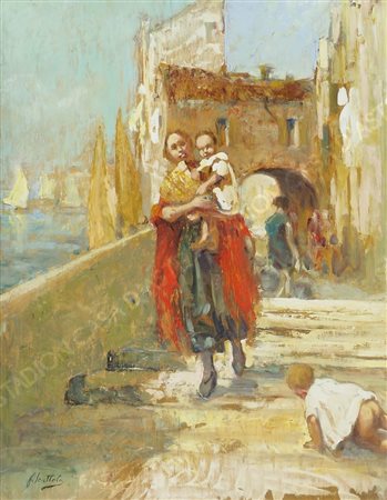 Pittore del '900 "Paseggiata lungo il canale" cm. 65x50 - olio su compensato...