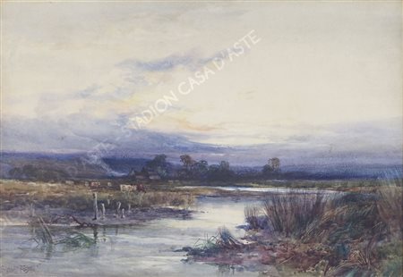 Gilbert Foster 1855-1906 "Paesaggio al tramonto" cm. 37x55 - acquerello su...