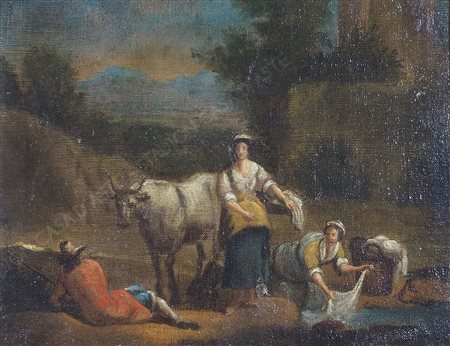 Ernesto Daret (attr.) 1694-1712 "Scena campestre" cm. 29x35 - olio su tela...