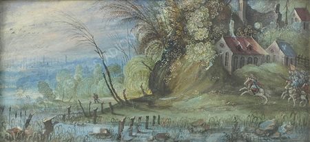 Maestro del XIX secolo "Paesaggio con case e alberi" cm. 6x14 - tempera su carta