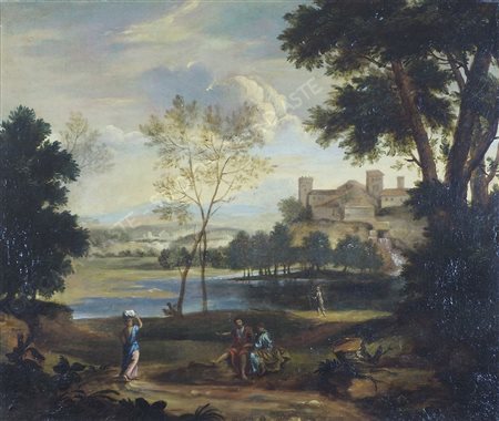 Maestro operante a Roma nel XVIII secolo "Paesaggio con castello" cm. 57x68 -...