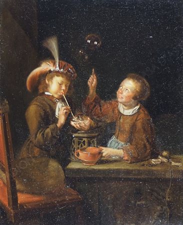Maestro fiammingo del XVIII secolo "Bambini che giocano con bolle di sapone"...
