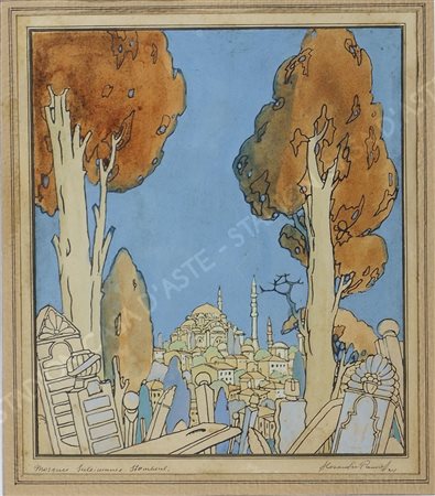 Alexandre Pankoff "Moschea di Istambul" cm. 22x19 - gouache su carta Firmato...