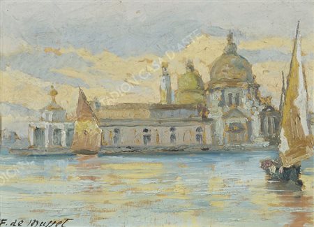 F. de Musset Lotto di 2 oli su tavola, cm. 35x25: a) "Venezia al tramonto" b)...