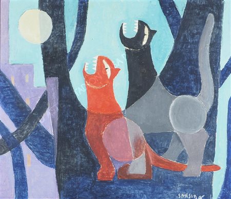 Rudolf Saksida 1913-1984 "I gatti" cm. 55x65 - olio su tavola Firmato b. a d....