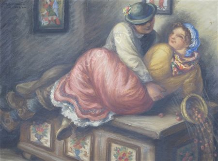 Maksim Gaspari 1883-1980 "Coccole sulla cassapanca" cm. 44x59 - olio su...