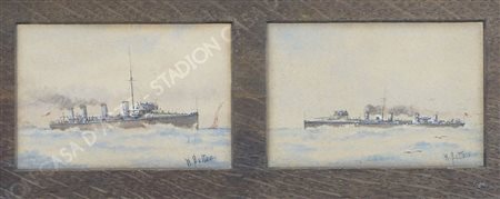 W. Button Lotto di 4 acquerelli entro unica cornice raffiguranti navi da...