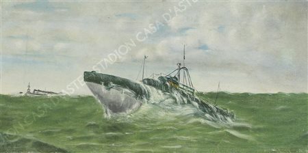 Pittore del '900 "Motovedetta" cm. 21x41 - olio su tela