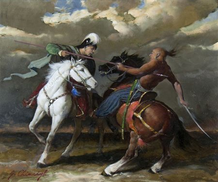 Giuseppe Chiacigh Wladikawkaz 1895-Trieste 1967 "Duello" cm. 50x60 - olio su...