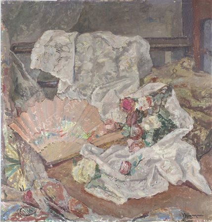 Vittorio Bergagna Trieste 1884-1965 "Natura morta con ventaglio" cm. 73x69 -...