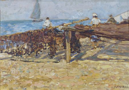 Ugo Flumiani Trieste 1876-1938 "Pirano, reti al sole" cm. 35x50 - olio su...
