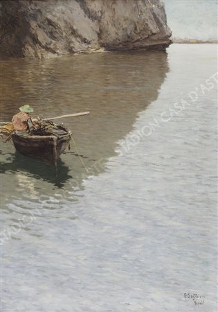 Giuseppe Garzolini Trieste 1850-1938 "Pescatore al largo di Napoli" cm. 66x46...