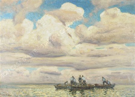 Ugo Flumiani Trieste 1876-1938 "Nubi sui pescatori" cm. 66x91 - olio su tela...