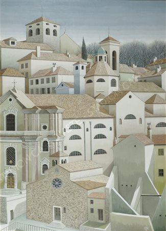 Giovanni Duiz Trieste 1923-2013 "Le quattro Chiese" cm. 119x79 - olio su...