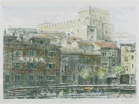 Aldo Bressanutti 1925 Lotto di 2 litografie a colori raffiguranti vedute di...