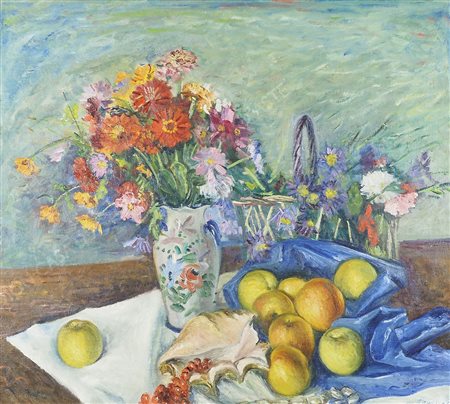 Mario Lannes Trieste 1900-1983 "Natura morta con mele e fiori" cm. 80x90 -...