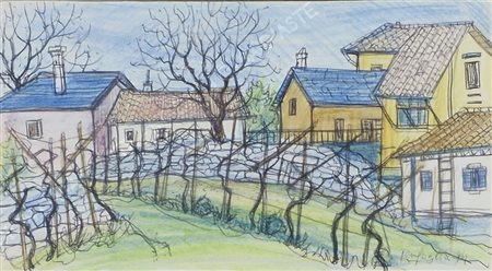 Pino Ferfoglia 1924-2007 "Paesino carsico" cm. 10x18 - tecnica mista su...