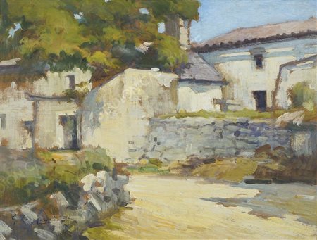 Giovanni Zangrando Trieste 1867-1941 "Case carsiche" cm. 26x35 - olio su...