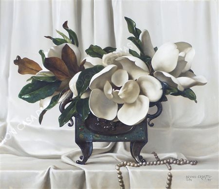 Bruno Croatto Trieste 1875-Roma 1948 "Magnolie e collana" cm. 54x64 - olio su...