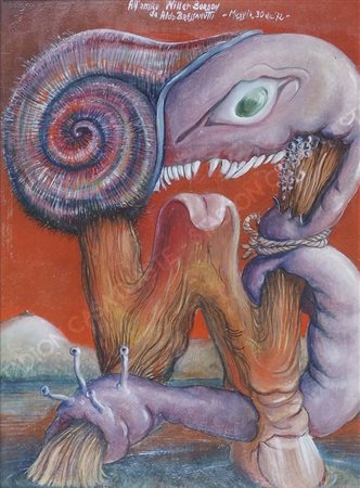 Aldo Bressanutti 1925 "Figura fantastica" cm. 24x18 - olio su faesite Firma,...