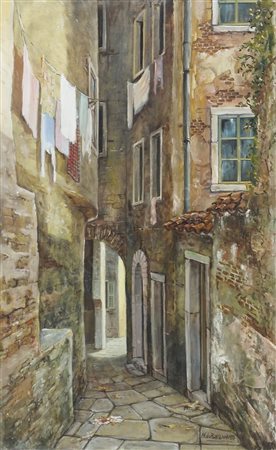 Aldo Bressanutti 1925 "Panni stesi nel vicolo" cm. 40x25 - olio su tavola...