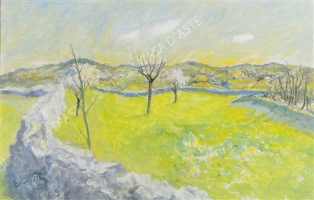 Gianni Brumatti Trieste 1901-1988 "Vallata in fiore" cm. 33x51 - olio su...