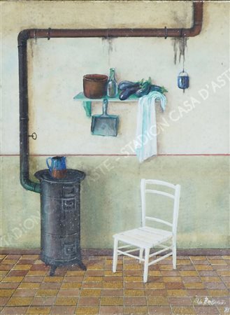 Aldo Bressanutti 1923 "Interno con stufa" cm. 20x15 - olio Firmato b. a d. e...