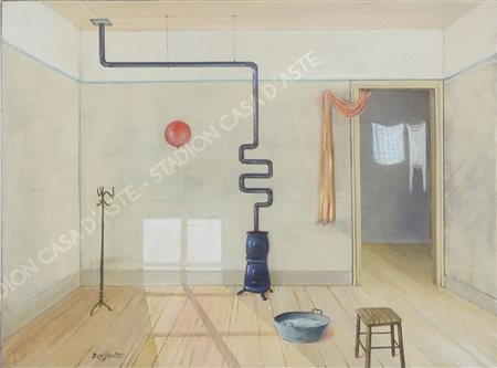 Aldo Bressanutti 1925 "Interno con stufa" cm. 18x24 - olio su tavola Firmato...