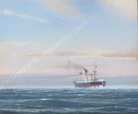 Paolo Klodic Trieste 1887-1961 "Nave al tramonto" cm. 50x60 - pastelli...