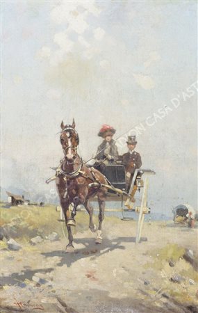 Alfredo Tominz Trieste 1854-1936 "Corsa in carrozza" cm. 58x37 - olio su tela...