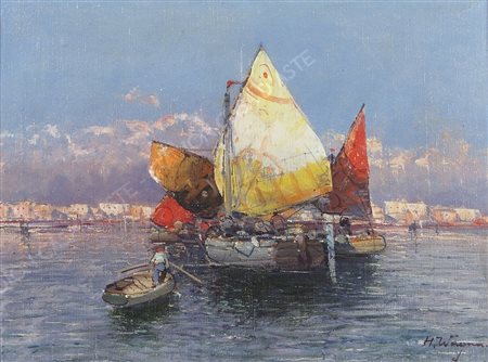Hans Johann Wagner Trieste 1866-1940 "Pescatori al largo" cm. 30x40 - olio su...