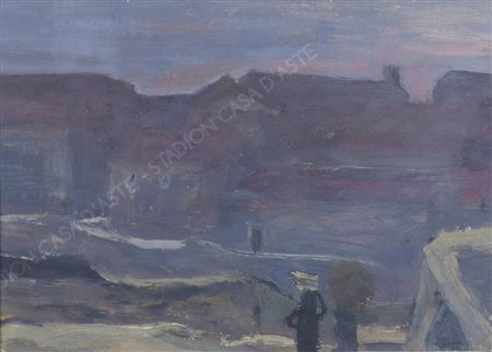 Bogdan Grom 1918-2013 "Paesaggio con viandanti" cm. 26x36 - olio Firmato b. a...