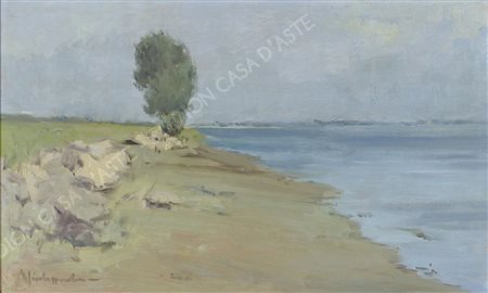 Nicola Sponza Corfù 1914-Trieste 1996 "Paesaggio lagunare" cm. 30x50 - olio...
