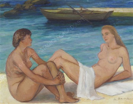 Argentina Cerne Trieste 1902-Milano 1974 "Amiche a Barcola" cm. 40x50 - olio...