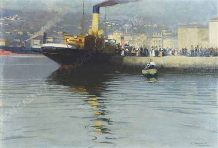 Giovanni Zangrando Trieste 1867-1941 "Trieste, folla al molo" cm. 57x82 -...