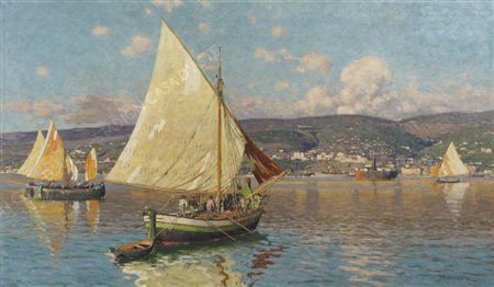 Giuseppe Barison Trieste 1853-1931 "Trieste vista dal mare" cm. 90x150 - olio...