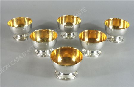 Brandimarte: lotto di 6 coppe da gelato in argento con interno dorato. gr. 630.
