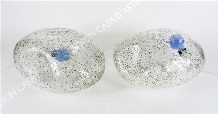 Coppia di lampade da tavolo in vetro di Murano con applicazioni di bolle...