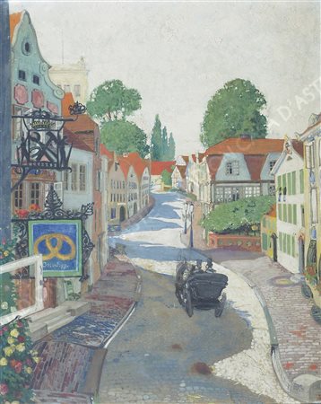 Pittore secessionista inizio XX secolo "Carrozza nelle vie del centro" cm....